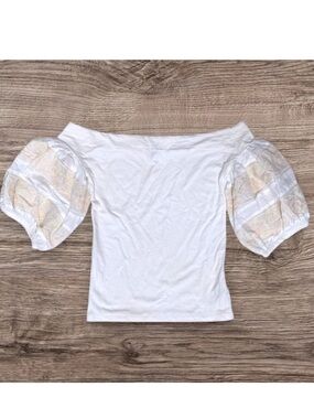 Free People Off-Shoulder White Puff Sleeve Top with Embroidered Insets